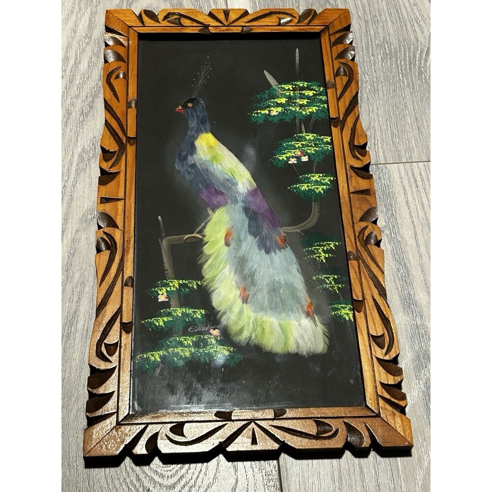 Feather Art Bird Painting Hand Carved Wood Frame Signed 16.5"x9"